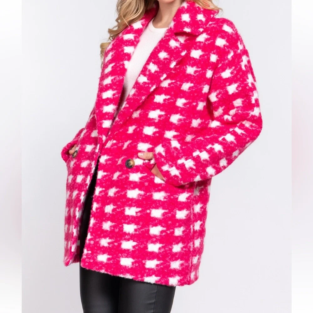 DOUBLE BREASTED CHECK PRINT BOUCLE FLEECE COAT - Picture 3 of 7